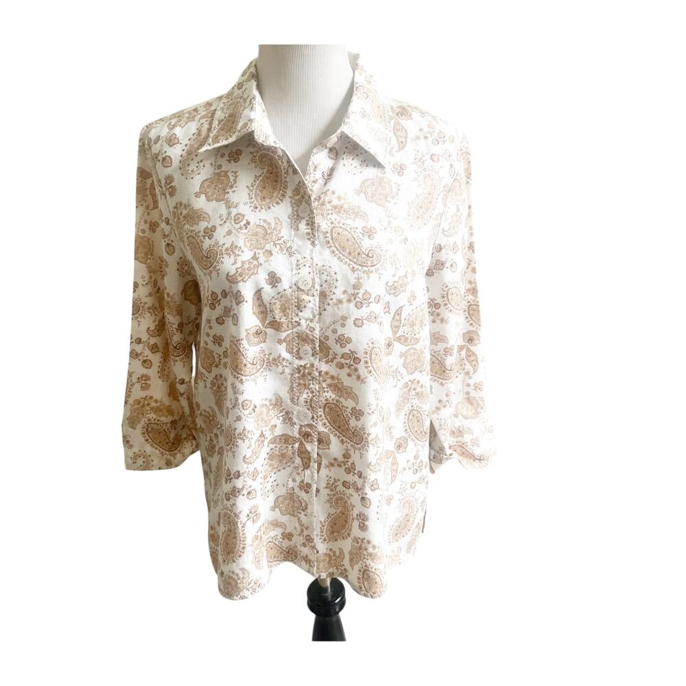 Liz Claiborne Linen Button Up Shirt Womens Large White Tan Paisley Print Coastal